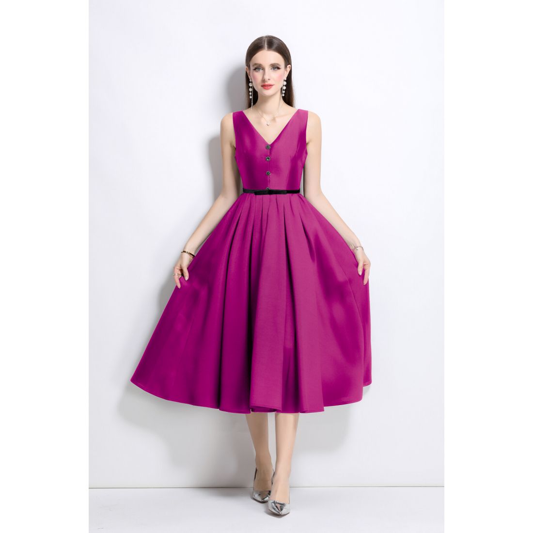 Dza - Robe mini 'French Elegant Fitted Waist V-Neck' pour Femmes