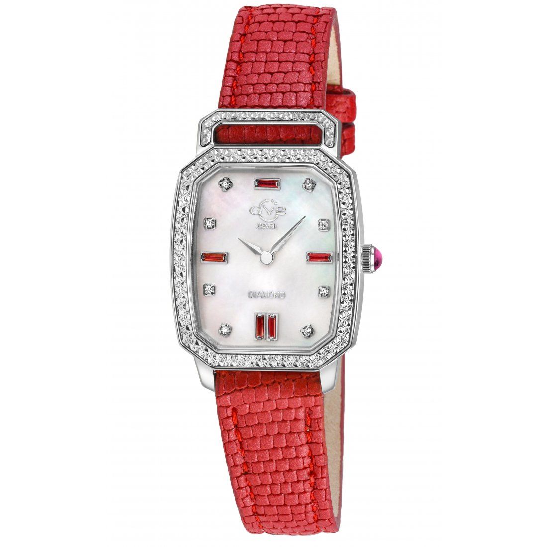 Gevril - Women's Pavia Diamond Watch, SS Case, White MOP Dial, Pink Handmade Italian Leather Strap.