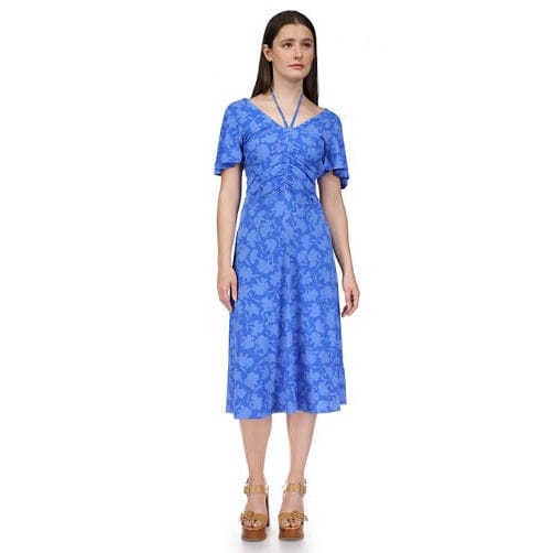 Michael michael kors - 'Flutter Sleeve Tie Neck Ruched Floral Midi Dress' pour Femmes