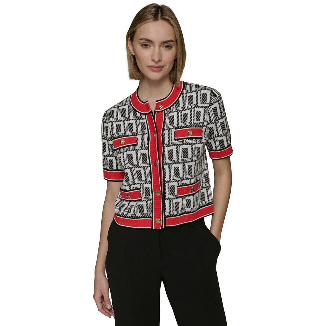 Karl lagerfeld paris - 'Geo-Print Four-Pocket Short-Sleeve Cardigan' pour Femmes