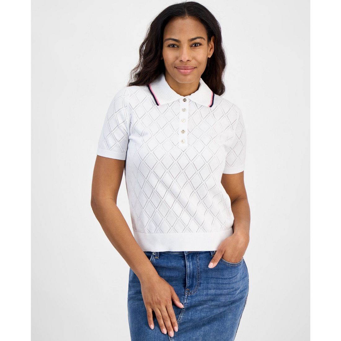 Tommy hilfiger - 'Cotton Pointelle Diamond Sweater' pour Femmes