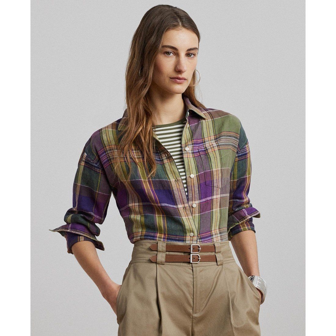 Lauren ralph lauren - 'Relaxed-Fit Plaid Linen Shirt, Regular & Petite' pour Femmes