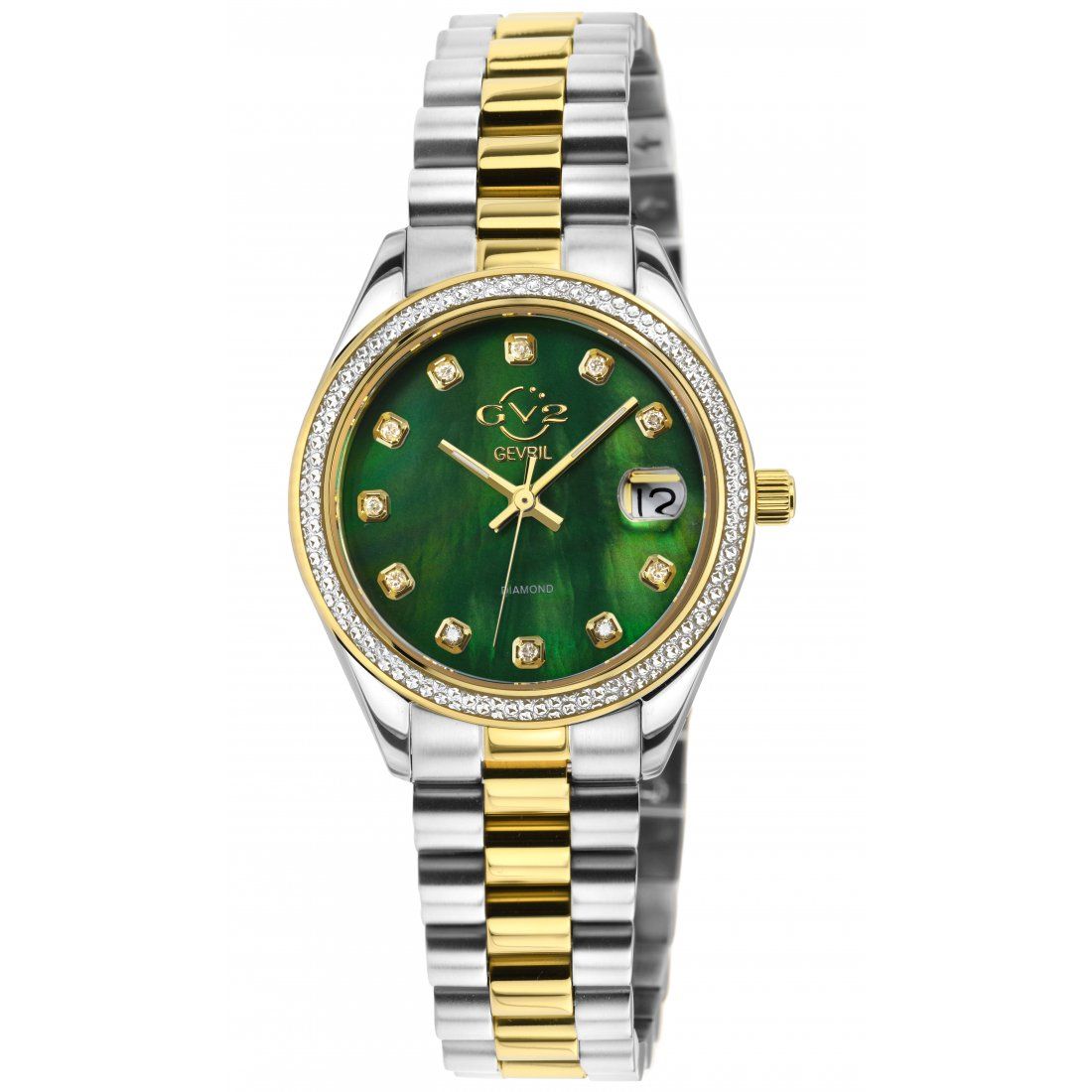 Gevril - GV2 Montre pour femmes Turin Diamond, cadran vert MOP, deux tons IPYG en acier inoxydable