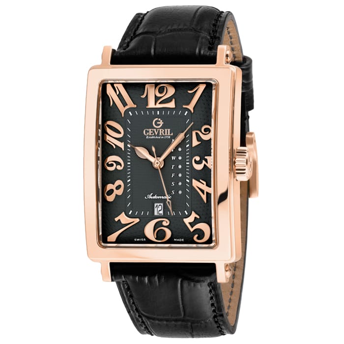 Gevril - Men's Avenue of America's IPRG Case, Black/RG Dial, Genuine Italian Handmade Leather Strap Watch