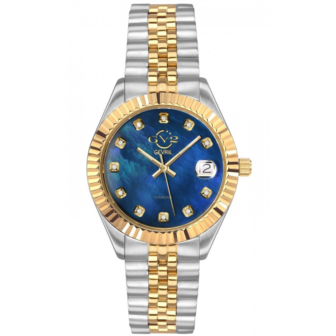 Gevril - Montre Naples Swiss-Made Quartz Cadran bleu MOP Deux tons SS IPYG Acier inoxydable 316L Diamant pour femme